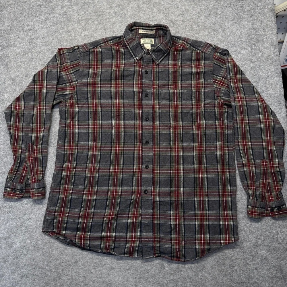 L.L. Bean Flannel Shirt Mens Large Traditional Fit Cotton Gray Red Plaid